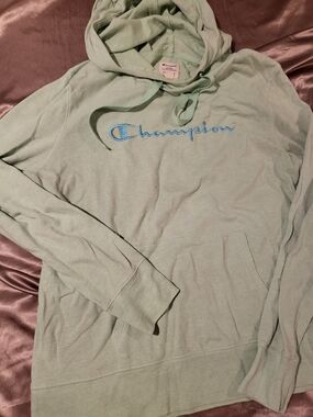 Champion Mint Green Hoodie with Blue Script Logo